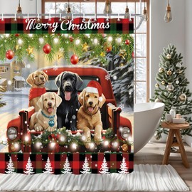 Merry Christmas Shower Curtain Cute Cartoon Dogs Red Truck Xmas Pine Branch Buffalo Plaid Snowflake Winter Snow Scene Holiday Bathroom Decor Polyester Fabric Curtains with Hook 70Wx70H Inches