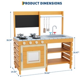 Outdoor Wood Mud Kitchen for Kids, Wooden Play Kitchen w/Cookware, Removable Sink & Faucet, Chalkboard, Storage Shelves＆Pretend Stove, Toddler Playset for for Children Ages 3+
