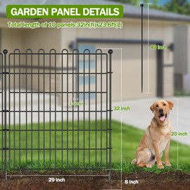 10 Panels No Dig Decorative Garden Fence for Yard, 32 in(H) X 23.6 ft(L) Animal Barrier Fencing for Outdoor Dog, Metal Portable Garden Fences for Borders, Pets, Landscape, Temporary Fence