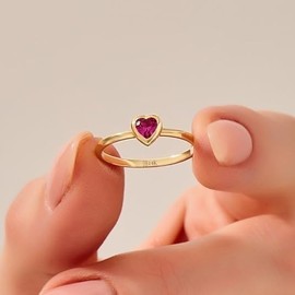 14k Gold Tiny Heart Ring, Solid Gold Ruby Promise Ring, Dainty Stack Ring, Bezel Gemstone Pinky Rings for Women, Delicate Birthstone Band (10)