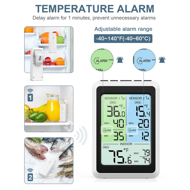 Ankilo Digital FridgeThermometer, Wireless Fridge Thermometer with 2 Sensor, Colour