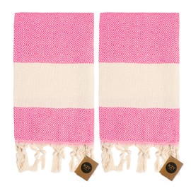 Turkish Hand Towel Set of 2 - Hand Towel for Kitchen and Bathroom - 50x100cm, 18,5x40 Inches - Prewashed Absorbent Peshtemal Decorative Towel for Face, Hand, Hair, Gym, Dishcloth, Tea Towel (Fuchsia)