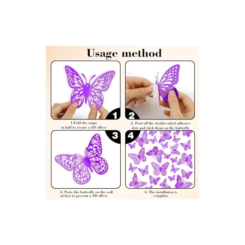 FIMETEUG Butterfly Wall Decal, 48 PCS Purple, Butterfly Party Decorations,