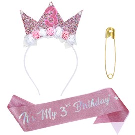 Wanmu 3rd Glitter Sash & Birthday Girl Headband Set, 3 Year Old Birthday Decorations, Tiara Flower Princess Crown Headband for Happy 3rd Birthdays Outfit (Pink)