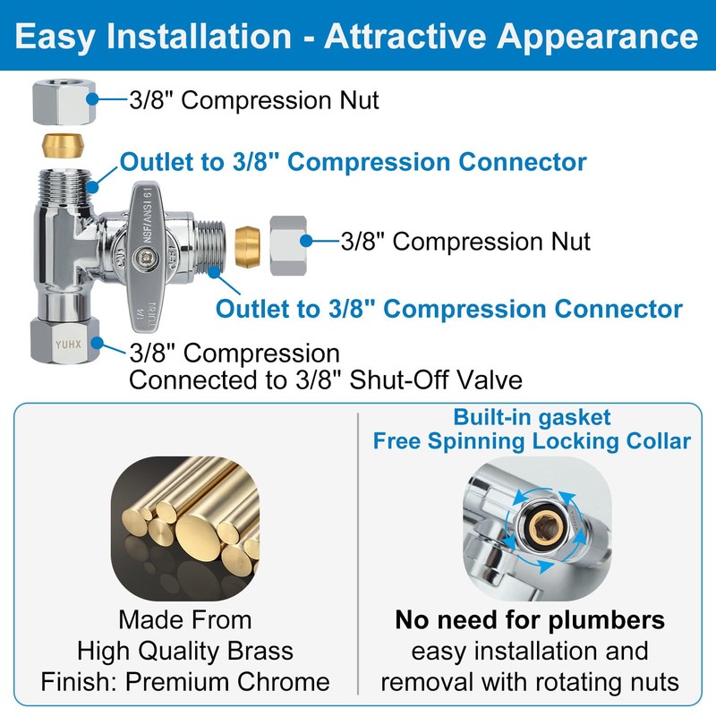 Brass Angle Stop Add-A-Tee Valve,3/8 x 3/8" x 3/8 Compression