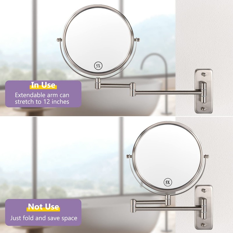Wall Mounted Makeup Mirror, 1X/5X Magnifying Mirror Double Sided, 8