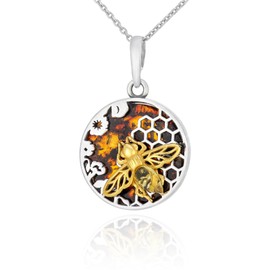 AMBEDORA Women's Round Necklace Golden Honey Bee Polished Sterling Silver Baltic Amber in Cognac Colour Silver Pendant on Chain, Sterling Silver, Amber