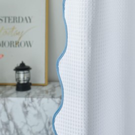 youngseahome Waffle Weave 230GSM Heavy Duty Fabric with Water Blue Scalloped Border Shower Curtain,Boho Chic Cloth Shower Curtain for Bathroom Showers,72 x 78 Inches