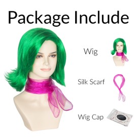 Miss U Hair Short Wavy Green Wig with Scarf for Women Girls Side-swept Bangs Anime Cosplay Wig