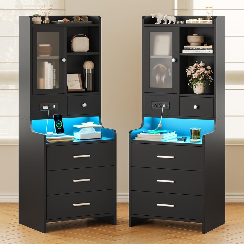 ADORNEVE Tall Night Stand with Charging Station and LED Lights,49.2"