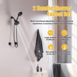 SUBEIXI 2 Handle Shower Faucet Wall Mounted Two Handles Shower Faucet Set with 8 Modes Rainfall Shower Head and 10 Modes Handheld 2 Knobs Shower Trim Kit with Rough-in Valve, Matte Black