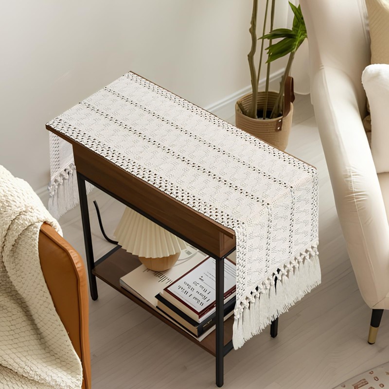 yuboo Boho Table Runner Short, Fall Beige Macrame Coffee Table