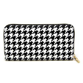 RJAY Women's Fashion Animal Print Faux Leather Long Wallet with Zipper Closure, Card Slots, Zippered Coin Pouch (HoundTooth Print - Black)