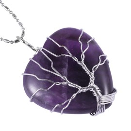 Nupuyai Natural Amethyst Healing Crystals Necklace for Women, Silver Wire Wrapped Stone Love Heart Stone Pendant with Chain for Ladies