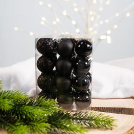 Plastic Christmas Baubles Black - Pack of 24 Diameter 3 cm Decorative Baubles Christmas Tree Decoration Mix Matt Shiny Glitter