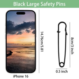 DAMIK Black Large Safety Pins: 15 Pcs 75mm /3 Inch Heavy Duty Safety Pins for Clothes, Kilt, Wedding Dress & Crafts - Rust-Resistant Steel Pins for Fixed Blankets Shawl Big Thick Fabric, Leather