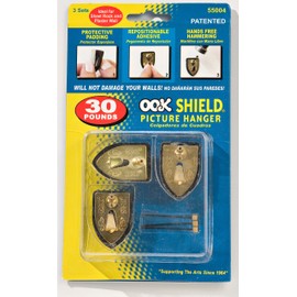 OOK 55004 Picture Hangers, Art Hangers, Shield Design, Brass, Reusable Picture Hooks, 30lb (3 Set)