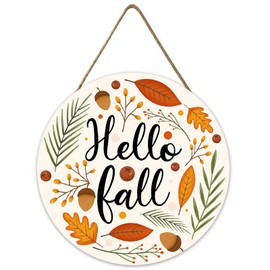 Hello Fall Wooden Sign for Front Door - Maple Leaves Thanksgiving Decorations - Fall Harvest Hanging Autumn Farmhouse Door Decor 12x12Inch
