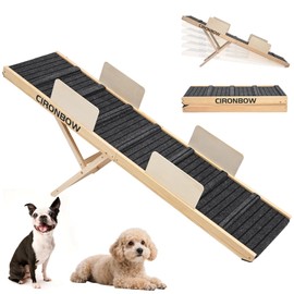 CIRONBOW 63Inch Wooden Dog Ramp for Bed, Extra Long Foldable Pet Ramp for Small and Medium Dogs and Cats 6 Adjustable Heights 12" to 30" Extra Wide Anti-Slip Dog Ramp with Rails