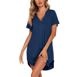 Ekouaer Women's Nightgown Short Sleeve Button Down Sleepwear V-Neck Nightshirt Pajama Dress Navy Blue L