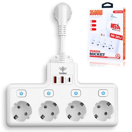 BOSYTRO Multiple Socket, Power Strip with USB, 4-Way Multiple Sockets with Single Switch, Multiple Socket with 2 USB & 1 Type-C (PD 18-20W) for Kitchen, Living Room, Office, Max 3500 W, 16 A