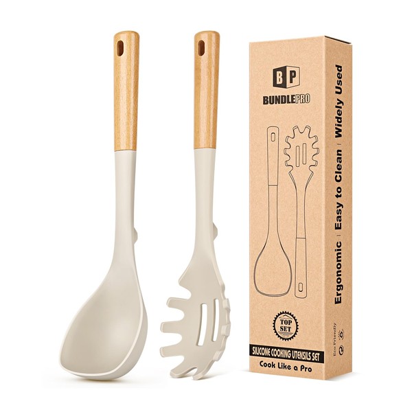 Silicone Soup Ladle and Spaghetti Spoon Set with Wooden Handle,