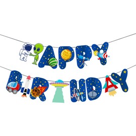 Space Birthday Banner for Boys Girls Kids, Outer Space Astronauts Rockets UFO Satellites Happy Birthday Bunting Garland Banner for Space Theme Birthday Party Hanging Wall Decorations