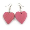 Rose Pink Wood Grain Heart Drop Earrings - 60mm L