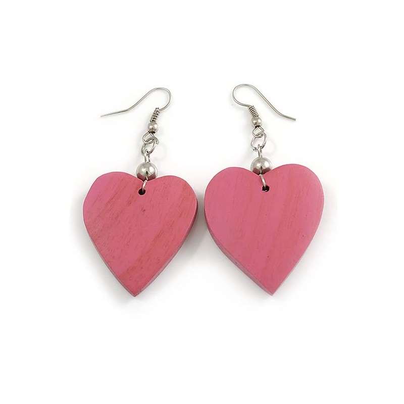 Rose Pink Wood Grain Heart Drop Earrings - 60mm L