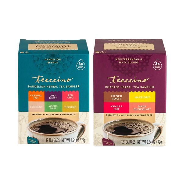 Teeccino paquetes de muestras de té de hierbas tostado y de dandeloin, sin cafeína, 12 bolsas de té (paquete variado de 2)