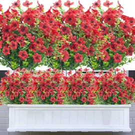 DRT DERUITAI 8 Bundles Artificial Flowers for Outdoors,UV Resistant Fake Flowers,Outdoor Plastic Faux Flowers Plants for Indoor Outside Home Decor(Red)