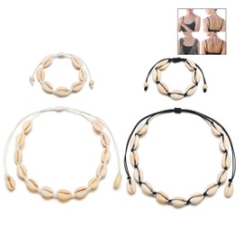 XLKJ 4 Pieces Boho Shell Necklace, Natural Shell Choker Necklaces, Adjustable Handmade Hawaii Necklace, Bracelet, Anklet, Jewellery Set for Girls