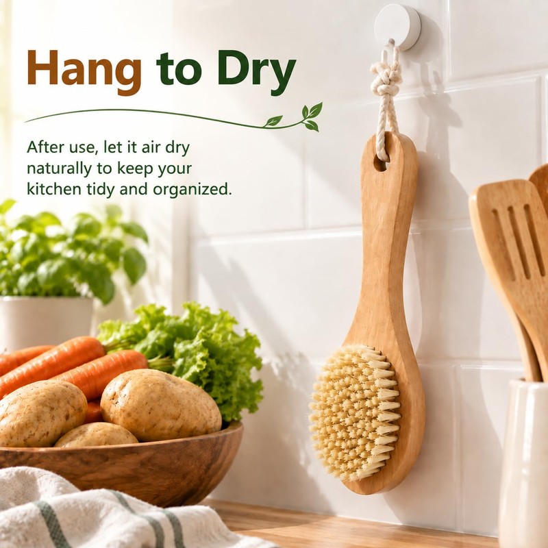 Wooden Vegetable Brush Set with Handle, Potato Scrubber for Fruits