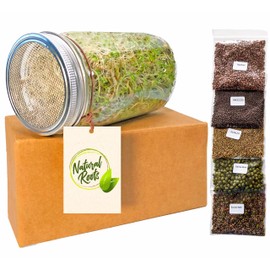 Sprouting Jar with Variety Pack Sprouting Seeds Kit Non-GMO. Pack of 5 premeasured Seeds for 32oz Jars. Includes 1 Packs of: Broccoli, Alfalfa, Radish, Mung Beans & Salad Mix