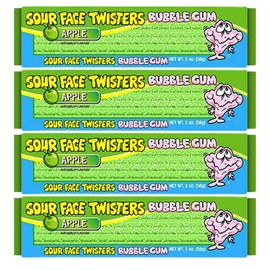 Face Twisters Sour Bubble Gum Straws – Sour Apple Flavor, 4 Packs (2 oz Each), Individually Packaged