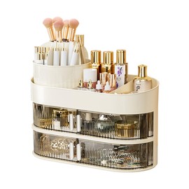 FUKWUNTO Cosmetic storage box with Brush Case Dustproof Desk Make Up Organizer for lipstick eye shadow Stationery storage (Cream)