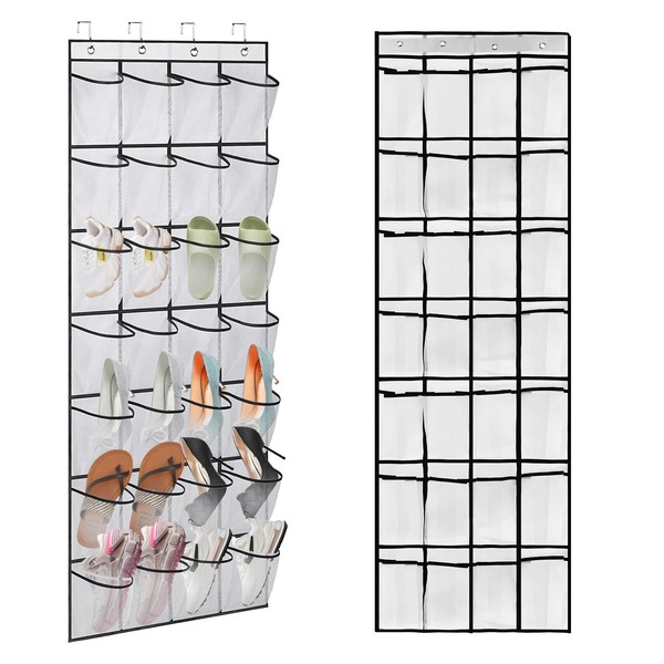 Over the Door Shoe Storage, Hanging Shoe Rack Organizer, Wall Mounted Behind the Door Storage with 28 Large Mesh Pockets and 6 Metal Hooks, Practical & Save Space, for Shoes Scarves Hats Toys (White)