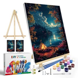 JOOZ Paint by Numbers Kit for Adults with Frame, Landscape Paint by Numbers for Adults, Moon Lake Paint by Number with Easel, DIY Acrylic Oil Painting Kit for Home Wall Decor 8 x 12 Inch