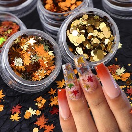 6Boxes Fall Nail Glitters 3D Gold Maple Leaf Nail Art Glitters Autumn Decoration Flakes Gold Hexagon Design Thanksgiving Nail Sequins Holographic Orange Maple Leaves Nail Flakes Supplies for Women