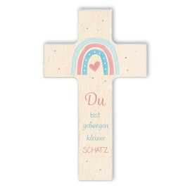 Fritz Cox - Holzkreuz Du bist geborgen kleiner Schatz | Herz unterm Regenbogen | christliches Geschenk für Kinder (natur, 20cm)