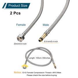 sourcing map 2Pcs 39" Faucet Supply Lines Connector Stainless Steel Braided Long Faucet Connector G1/2 Female Compression Thread x M10 Male Connector for Kitchen Sink Bathroom (Silver)