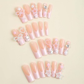 Long Press on Nails Square Fake Nails Pink French Tip Glue on Nails Bow Flower False Nails with 3D Star Heart Charm Design Glossy Full Cover Artificial Acrylic Stick on Nails for Women 24Pcs