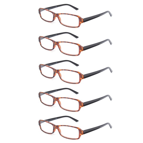 EYE ZOOM 5 Pack Unisex Rectangluar Plastic Classic Reading glasses for Men and Women, Tortoise Brown +3.00