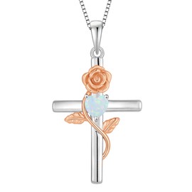 Vesitim Women's Cross Necklace 925 Sterling Silver Infinite Rose Flower Pendant Faith Religious Rose Plated Created White Opal Jewelry Gift