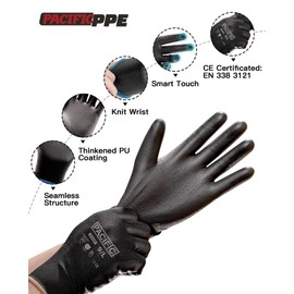 PACIFIC Work Gloves PU Coated-18 Pairs, Touchscreen Working Gloves for Men and Women, Mechanic Gloves, Lightweight, Black, Small
