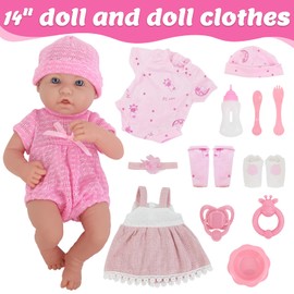 UNICORN ELEMENT 14 Inch Baby Doll and Doll Clothes Accessories Set, Reborn Vinyl Body Baby Doll Playset with Hat, Socks, Bottle, Toy Rattle, Pacifier for Toddlers Girls