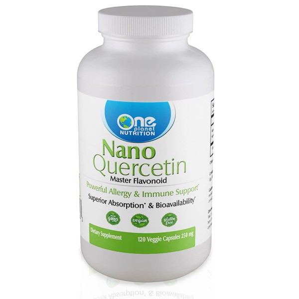 One Planet Nutrition Nano Quercetin 250mg - Plant-Based Nano Quercetin Supplement Found in Fruits & Vegetable - Easy Absorption, Water Soluble Quercetin Supplements - 120 Veggie Capsules