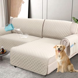 H.VERSAILTEX 100% Waterproof Couch Covers for Sectional Sofa 2-Piece Couch Covers Sectional Couch Cover L Shaped for Dogs Non Slip (Right Chaise Lounge Cover + 2 Seat Sofa Cover, Coconut Milk)