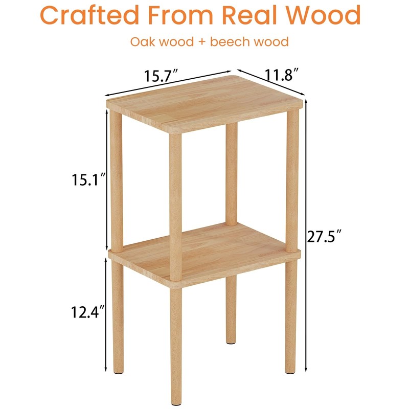 exilot Solid Wood Side Table, 2-Tier Tall End Table with
