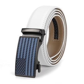 SANSTHS Mens Leather Belts Ratchet White Golf Belt for Men with Automatic Slide Buckle Everyday Jeans Gift Belt for Him